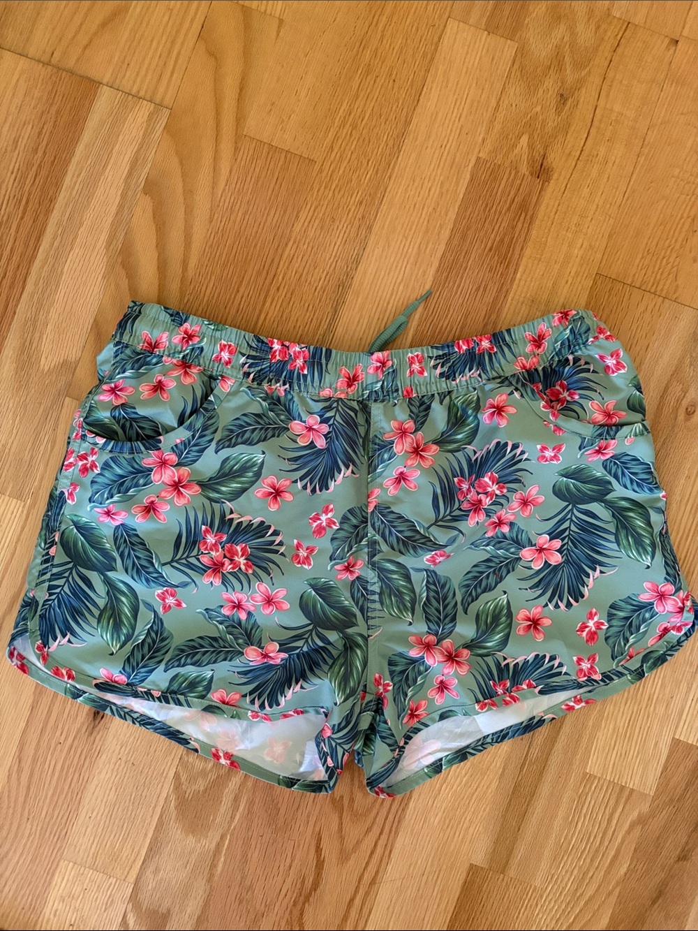 Bench Swim Women's Green Tropical Floral Athletic Shorts with Pink Flowers